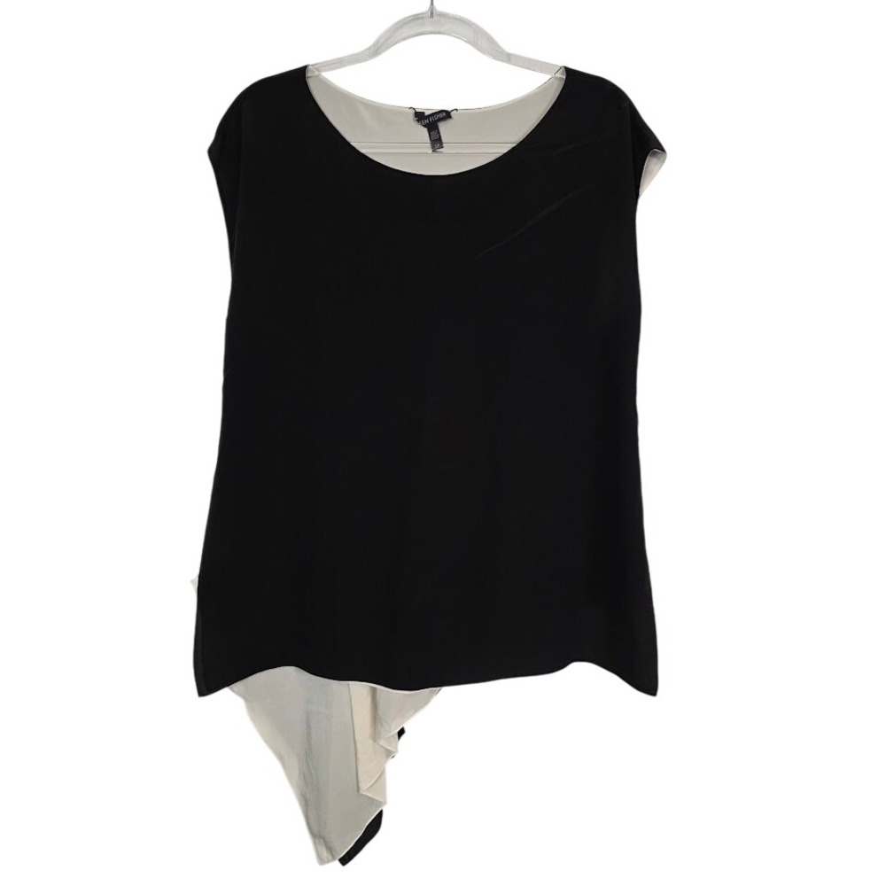 Eileen Fisher S Reversible Silk Asymmetric Shell Blouse Black Ivory Minimalist